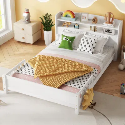 Streamdale Furniture Streamdale Pine Wood Bed With Bookcase Headboard, Led & Guardrails, White