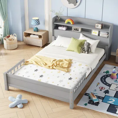 Streamdale Furniture Streamdale Pine Wood Bed With Bookcase, Led, Guardrails - Grey