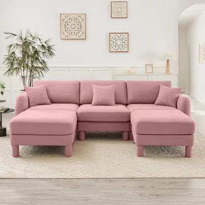 Streamdale Furniture Streamdale Pink Boucle U-shape Sectional Sofa With Shell Armrests & Ottomans
