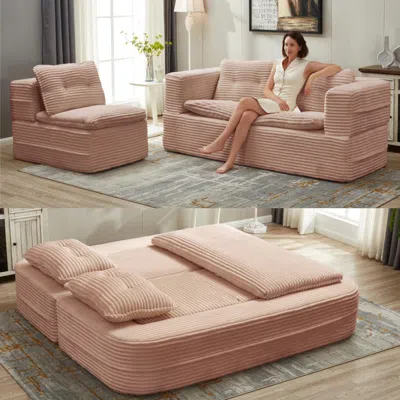 Streamdale Furniture Streamdale Pink Corduroy Sectional Sofa Bed With Chaise & Blanket