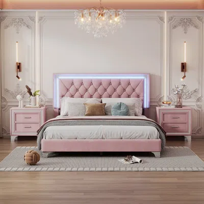 Streamdale Furniture Streamdale Pink Led Queen Platform Bed Set With Nightstands (3pcs)