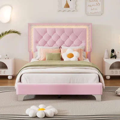 Streamdale Furniture Streamdale Pink Velvet Led Tufted Twin Bed Frame