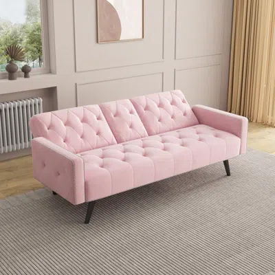 Streamdale Furniture Streamdale Pink Velvet Sofa Bed With Nailhead Trim & Cup Holders