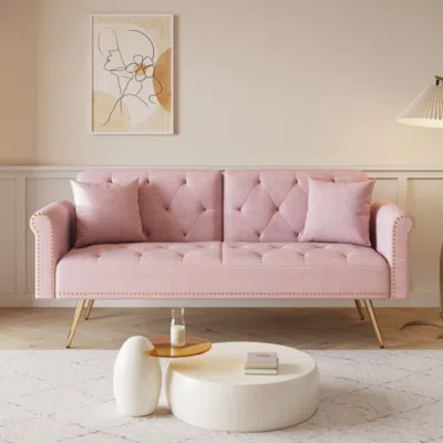 Streamdale Furniture Streamdale Pink Velvet Sofa Bed With Nailhead Trim & Pillow