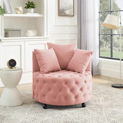 Streamdale Furniture Streamdale Pink Velvet Swivel Chair With Tufted Design & Pillows