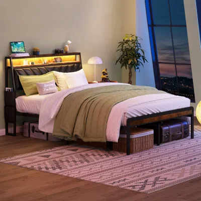 Streamdale Furniture Streamdale Platform Bed Frame With Led Headboard And Charging Station