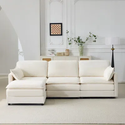 Streamdale Furniture Streamdale Plush Cloud 3 Seater Sofa & Ottoman - Beige Chenille Cushions & Throw Pillows