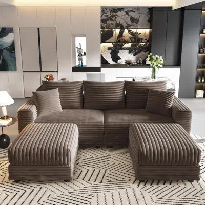 Streamdale Furniture Streamdale Plush Corduroy 3-seat Sofa W/ Ottomans - Camel In Brown