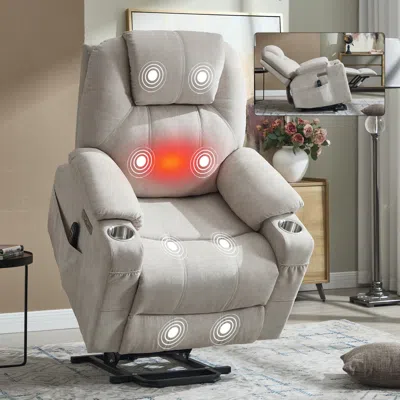 Streamdale Furniture Streamdale Polyester Power Lift Recliner Chair, 350 Lbs Capacity, 8-point Massage, Heating, Usb/type In Neutral