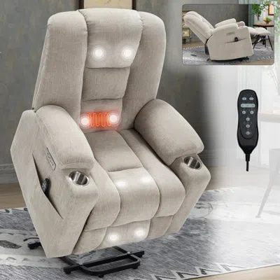 Streamdale Furniture Streamdale Power Lift Recliner W/ Massage & Heat, Usb, Cup Holders - Beige