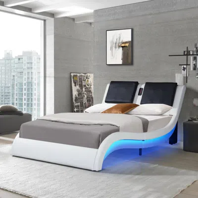 Streamdale Furniture Streamdale Pu Platform Bed With Led Lighting & Tooth Lock In White