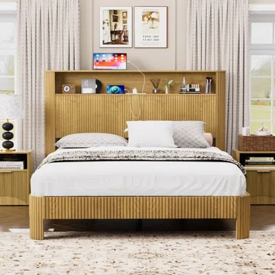 Streamdale Furniture Streamdale Queen Bed Frame: Storage Headboard, Charging Station, Natural In Brown