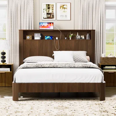 Streamdale Furniture Streamdale Queen Bed Frame: Storage Headboard, Charging, Walnut In Brown