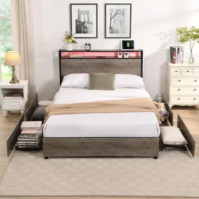 Streamdale Furniture Streamdale Queen Bed Frame With Charging Headboard In Brown