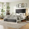 Streamdale Furniture Streamdale Queen Bed Frame With Charging Station & Led Lights, Dark Gray Faux Leather
