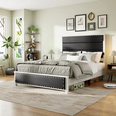 Streamdale Furniture Streamdale Queen Bed Frame With Charging Station & Led Lights, Dark Gray Faux Leather