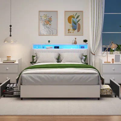 Streamdale Furniture Streamdale Queen Bed Frame With Ergonomic Headboard, Outlets, Led Light & Storage Shelf In White