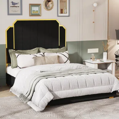 Streamdale Furniture Streamdale Queen Bed Frame With Plush Headboard, Black & Gold