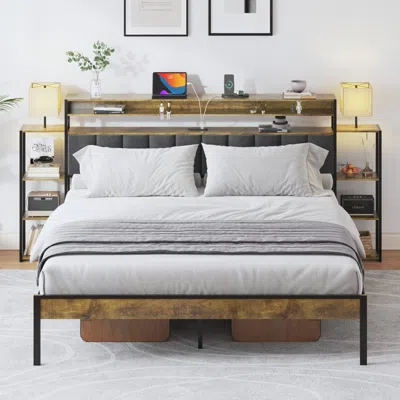 Streamdale Furniture Streamdale Queen Bed Frame With Storage, Led Lights, And Bookcase