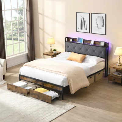Streamdale Furniture Streamdale Queen Bed Frame With Storage, Led, Usb, Grey
