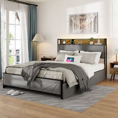 Streamdale Furniture Streamdale Queen Bed Frame With Storage, Usb Ports, And Slat Support