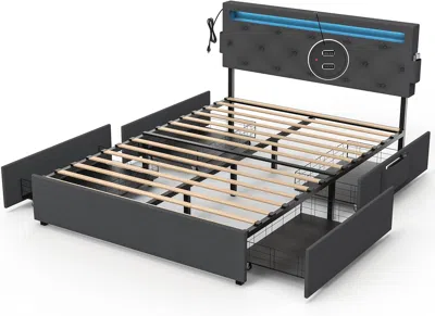 Streamdale Furniture Streamdale Queen Bed Frame With Usb Charging Station & Led Lights