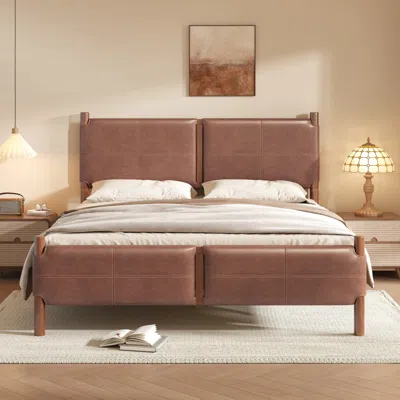 Streamdale Furniture Streamdale Queen Bed With Brown Leather Upholstered Headboard, Wood Frame