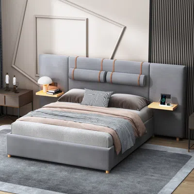 Streamdale Furniture Streamdale Queen Bed With Outlets, Pillows, Shelves, Velvet In Gray