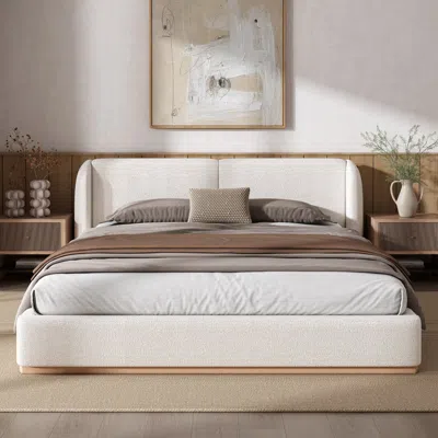 Streamdale Furniture Streamdale Queen Boucle Wingback Bed Frame, Solid Wood Base, White