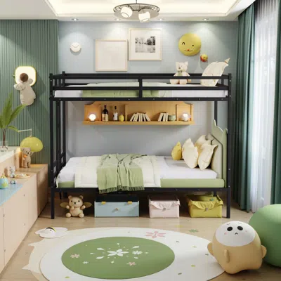 Streamdale Furniture Streamdale Queen Bunk Bed, Metal Bed Frame With Full-length Guardrail And Ladder, Black.