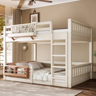 Streamdale Furniture Streamdale Queen Bunk Bed With Ladder, Guardrails, Pegboard & Bookshelf, Beige