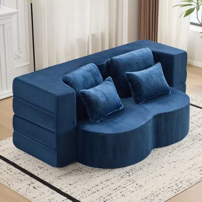 Streamdale Furniture Streamdale Queen Chenille Foldable Sofa Bed - Convertible Futon Couch In Blue