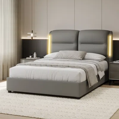 Streamdale Furniture Streamdale Queen Hydraulic Storage Bed With Led Lights, Pu Leather Frame