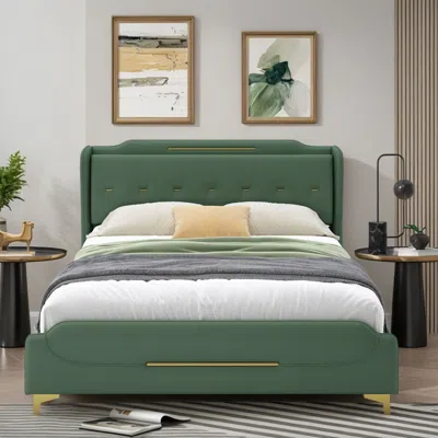 Streamdale Furniture Streamdale Queen Leather Bed Frame Wingback Headboard Platform Bed In Green