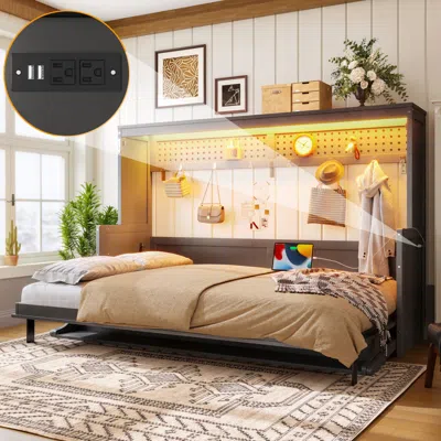 Streamdale Furniture Streamdale Queen Led Storage Bed W/usb, Walnut Pinewood Frame