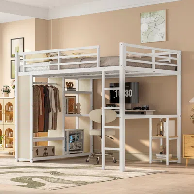 Streamdale Furniture Streamdale Queen Loft Bed Frame W/ Wardrobe, Desk & Shelves - White