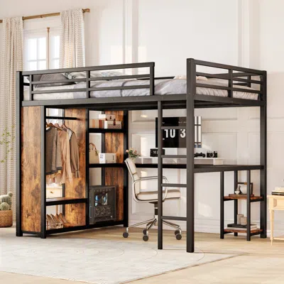 Streamdale Furniture Streamdale Queen Loft Bed Frame W/ Wardrobe, Desk & Shelves - Woodgrain In Black