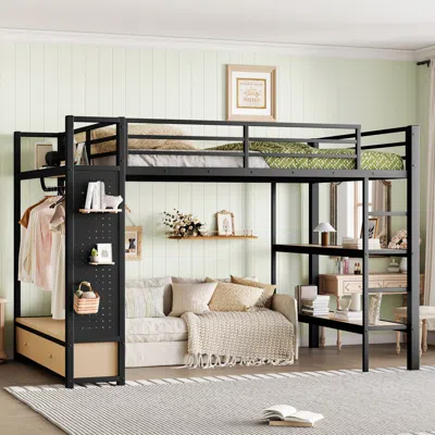 Streamdale Furniture Streamdale Queen Loft Bed Frame With Wardrobe & Storage Shelves, Black