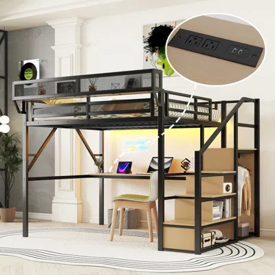 Streamdale Furniture Streamdale Queen Loft Bed With Desk, Stairs & Light In Black