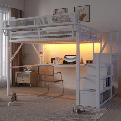 Streamdale Furniture Streamdale Queen Loft Bed With Desk, Stairs, Light & Charging Station - White