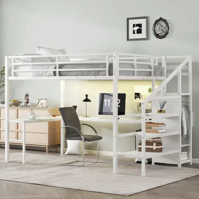 Streamdale Furniture Streamdale Queen Loft Bed With Desk, Wardrobe & Led - White