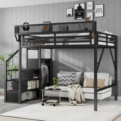 Streamdale Furniture Streamdale Queen Loft Bed With Stairs, Metal Frame, Storage Shelves & Wardrobe - Black