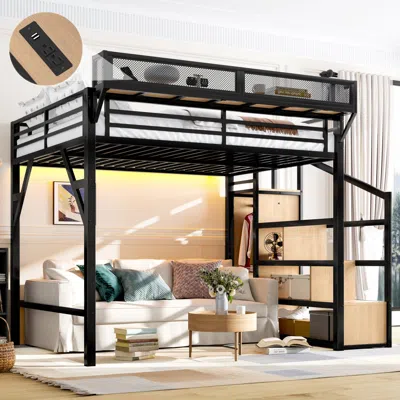 Streamdale Furniture Streamdale Queen Loft Bed With Storage Stairs & Wardrobe, Usb Ports, Led Lights, Wood