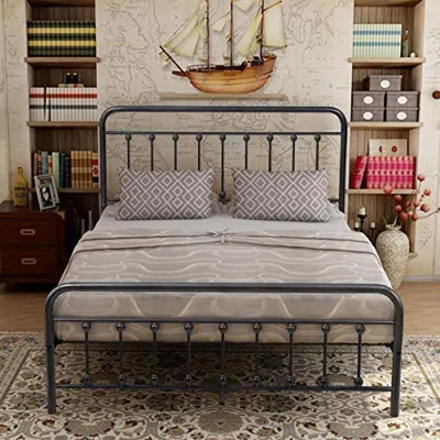 Streamdale Furniture Streamdale Queen Metal Bed Frame With Vintage Headboard In Black