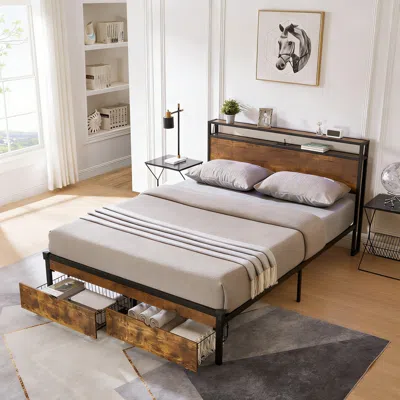 Streamdale Furniture Streamdale Queen Metal Platform Bed Frame With Wooden Headboard Usb And 2 Drawers