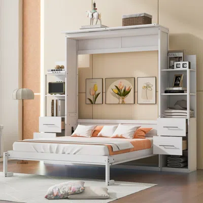 Streamdale Furniture Streamdale Queen Murphy Bed With Shelves, Drawers & Led Lights - White