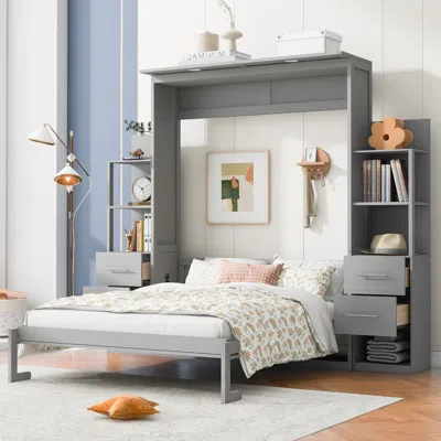 Streamdale Furniture Streamdale Queen Murphy Bed With Shelves, Drawers & Lights - Gray