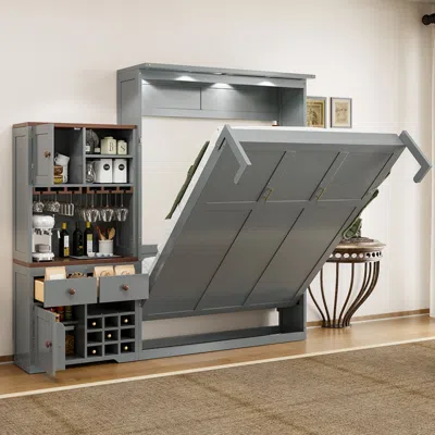 Streamdale Furniture Streamdale Queen Murphy Bed With Storage, Wine Rack & Led, Gray
