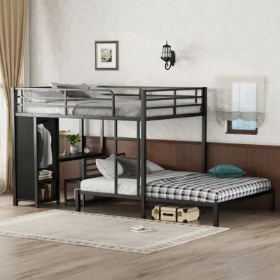 Streamdale Furniture Streamdale Queen Over Queen Bunk Bed With Desk, Wardrobe, & Chairs - Black