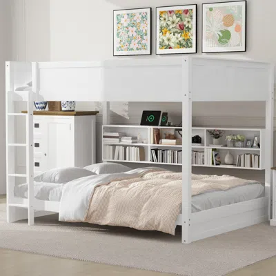 Streamdale Furniture Streamdale Queen Over Queen Bunk Bed With Storage Cabinets And Usb Ports, White